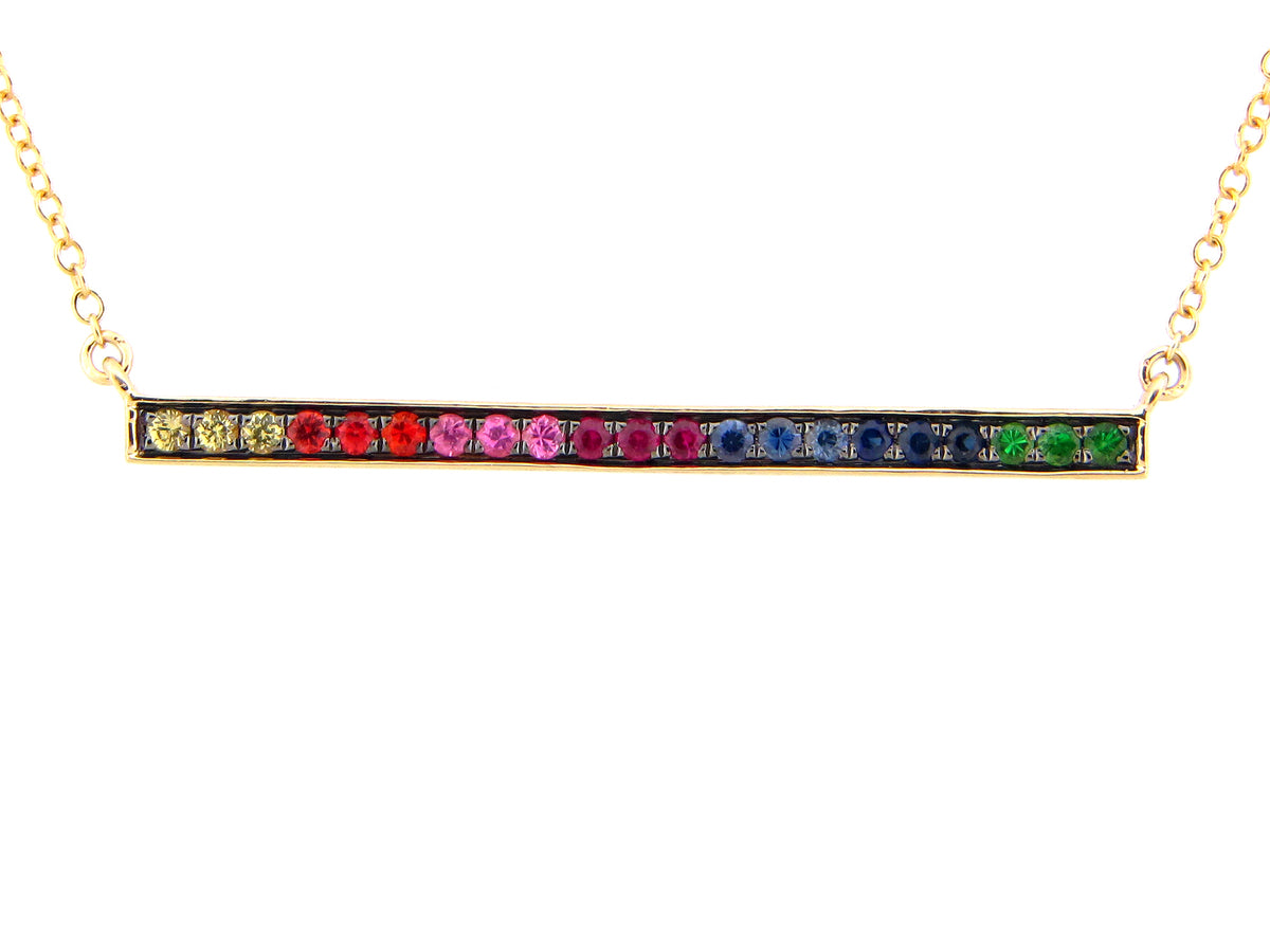 FANCY SAPPHIRE, RUBY & TSAVORITE BAR PENDANT NECKLACE, BOLO CHAIN 12-18"