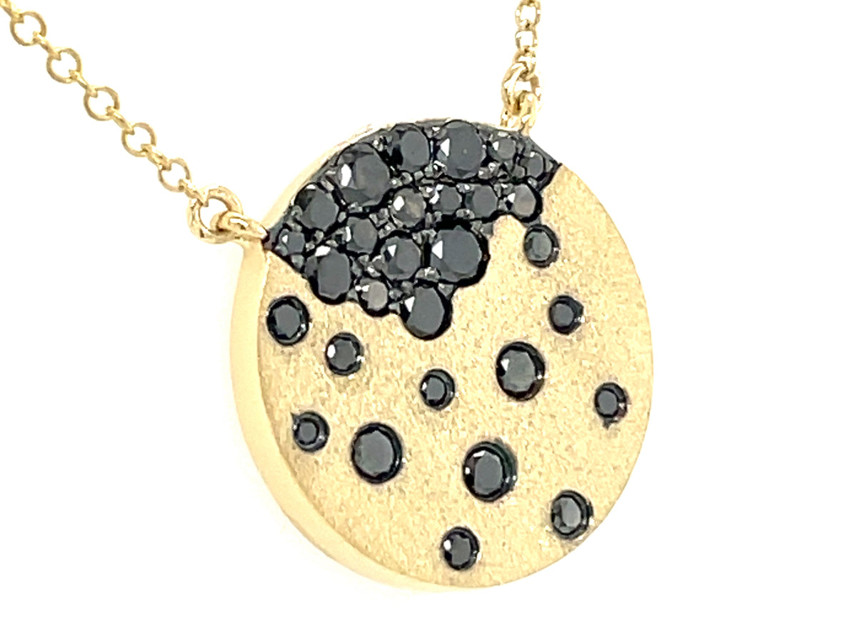 BLACK DIAMOND FLUSH SET DISC PENDANT NECKLACE, 18"/17"/16",  SATIN FINISH, 14KY (R)