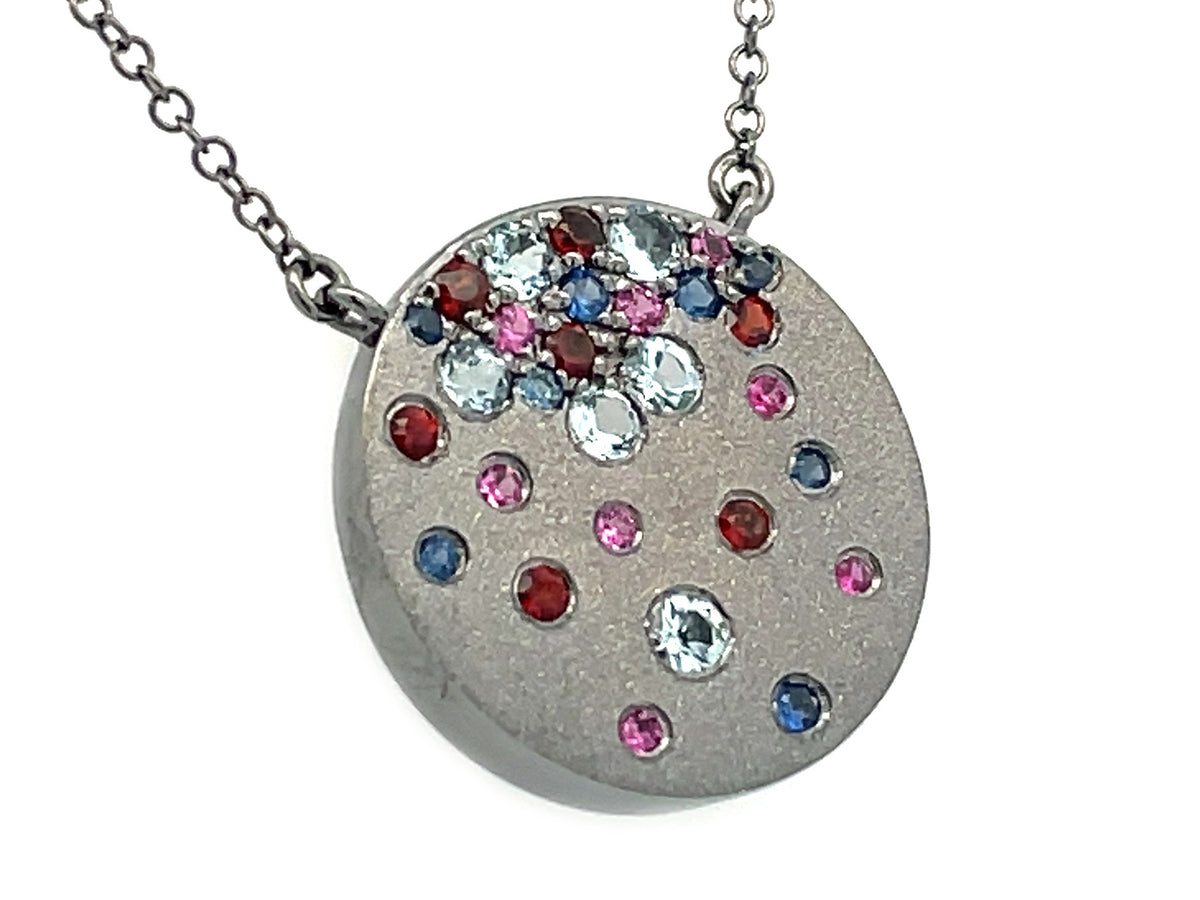 BLUE SAPPHIRE, RUBY, GARNET & AQUMARINE DISC PENDANT NECKLACE, 18"/17"/16", SATIN FINISH