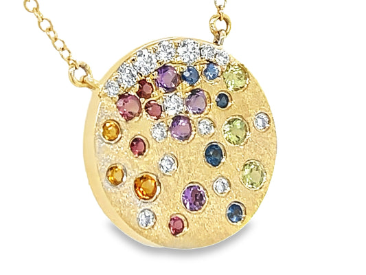 CITRINE, PINK TOURMALINE, AMETHYST, SAPPHIRE, PERIDOT & DIAMOND FLUSH SET DISC PENDANT NECKLACE, 17"/16"/15", SATIN FINISH
