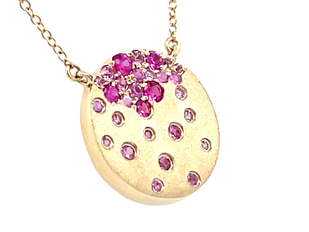 PINK SAPPHIRE & RUBY FLUSH SET DISC PENDANT NECKLACE, 18"/17"/16 " , SATIN FINISH
