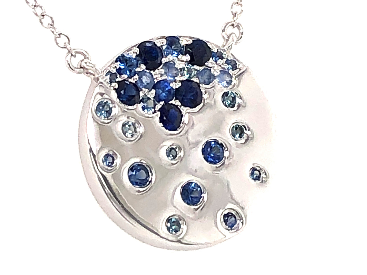 SAPPHIRE MIX BLUE FLUSH SET DISC PENDANT NECKLACE, 18"/17"/16", 14KW (H)