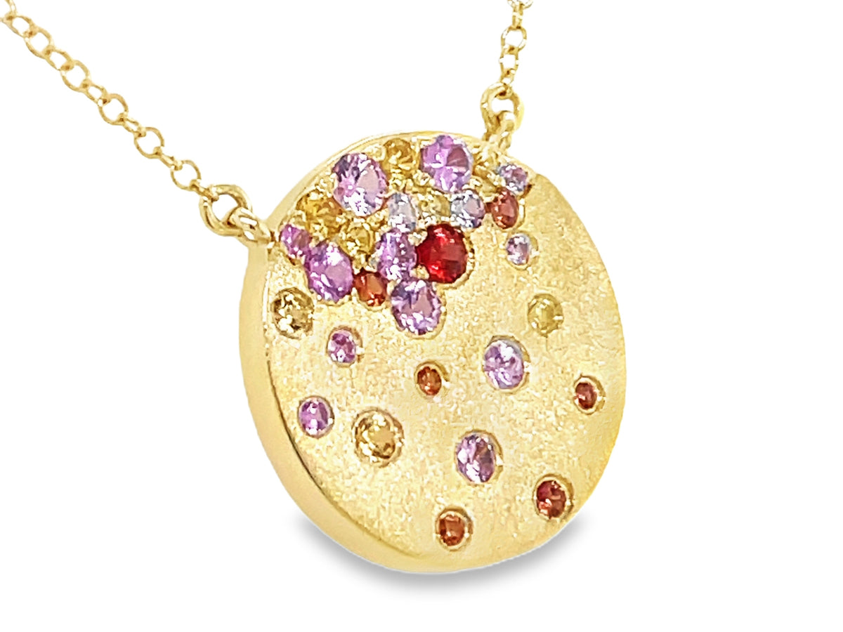 PINK, YELLOW & ORANGE SAPPHIRE FLUSH SET DISC PENDANT NECKLACE, 18"/17"/16", SATIN FINISH