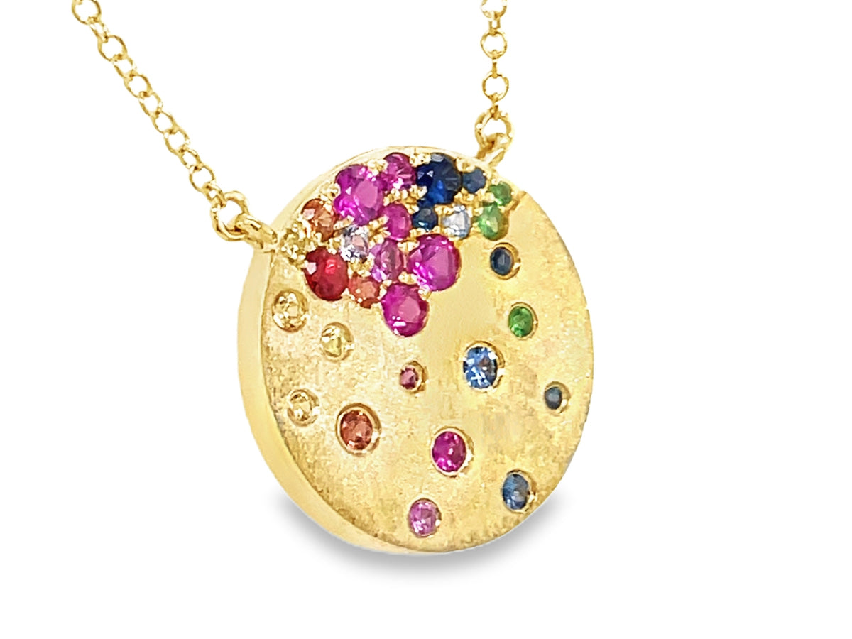 RAINBOW SAPPHIRE & TSAVORITE DISC PENDANT NECKLACE, 18"/17"/16", SATIN FINISH, 18KY (H/U/N)