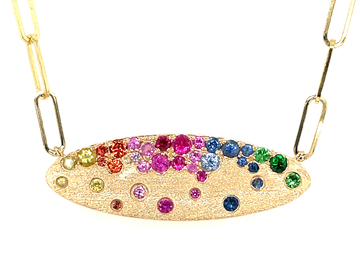 RAINBOW SAPPH & TSAV OVAL FLUSH SET PENDANT NECKLACE, 18" PAPERCLIP CHAIN , SATIN FINISH