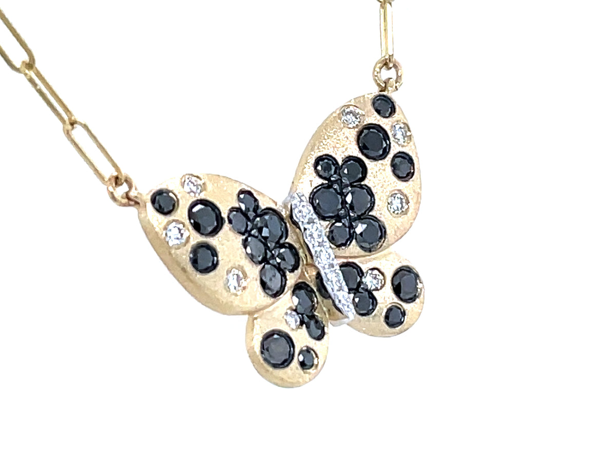 BLACK & WHITE DIAMOND CONFETTI BUTTERFLY NECKLACE, 18X14MM, 18" PAPERCLIP CHAIN, SATIN FINISH