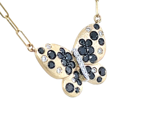 BLACK & WHITE DIAMOND CONFETTI BUTTERFLY NECKLACE, 18X14MM, 18" PAPERCLIP CHAIN, SATIN FINISH