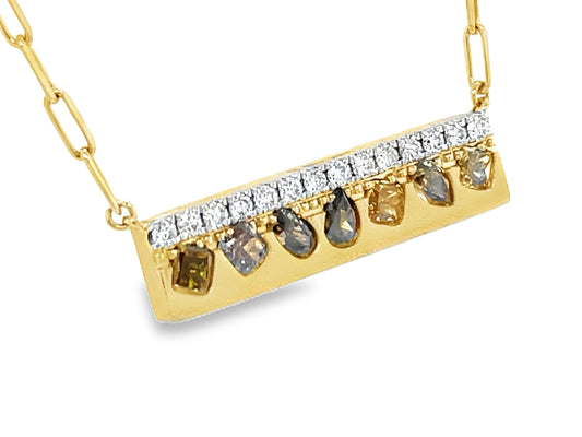 NATURAL FANCY COLOR & WHITE DIAMOND BAR NECKLACE, 18" PAPERCLIP CHAIN, SATIN FINISH
