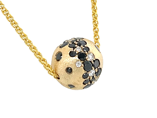 BLACK & WHITE DIAMOND FLUSH SET BALL SLIDE NECKLACE, 10MM, SATIN FINISH, 18" BOLO CHAIN