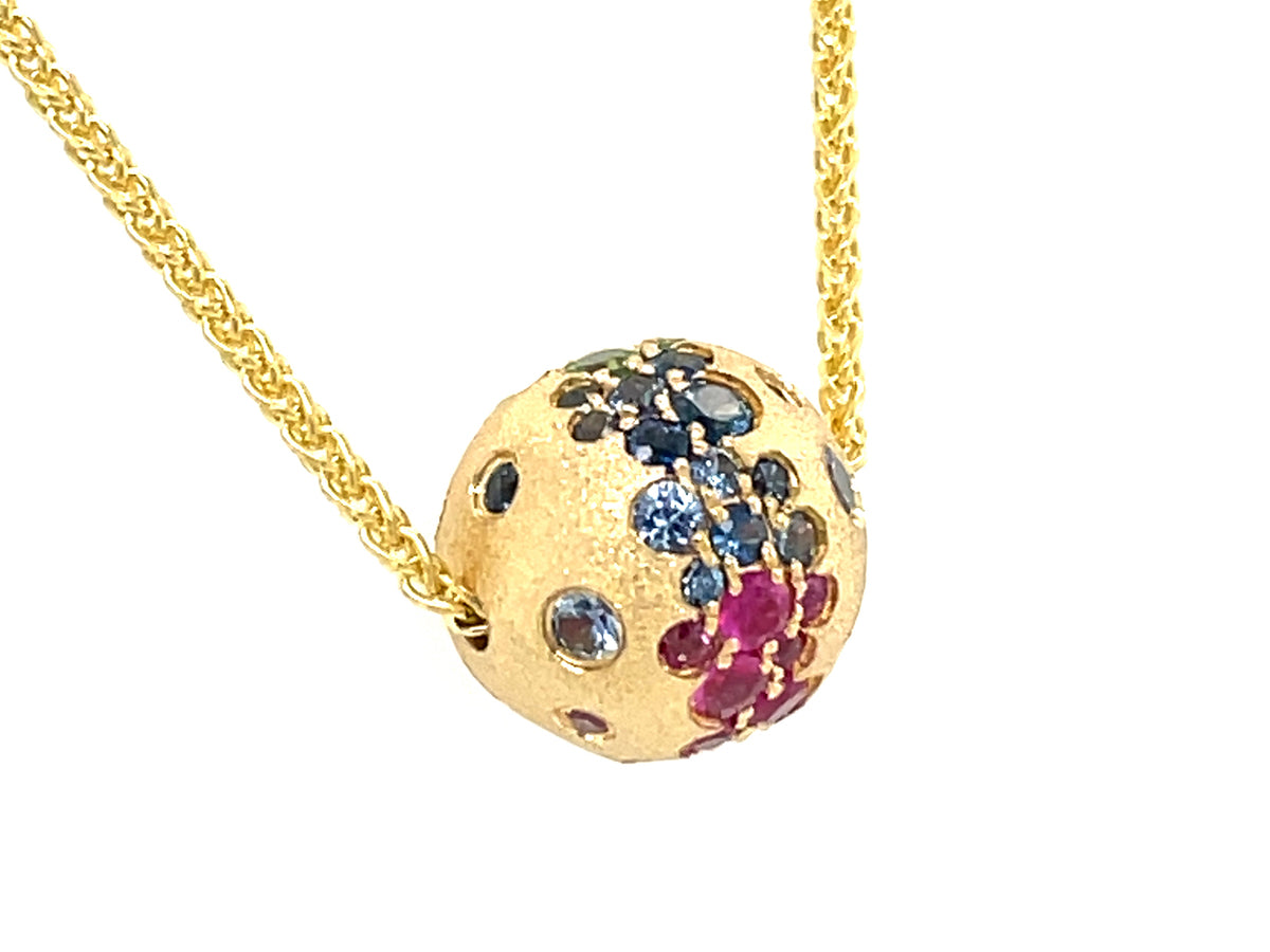 RAINBOW SAPPHIRE & TSAVORITE NECKLACE, SATIN FINISH, 18" BOLO CHAIN, 10MM