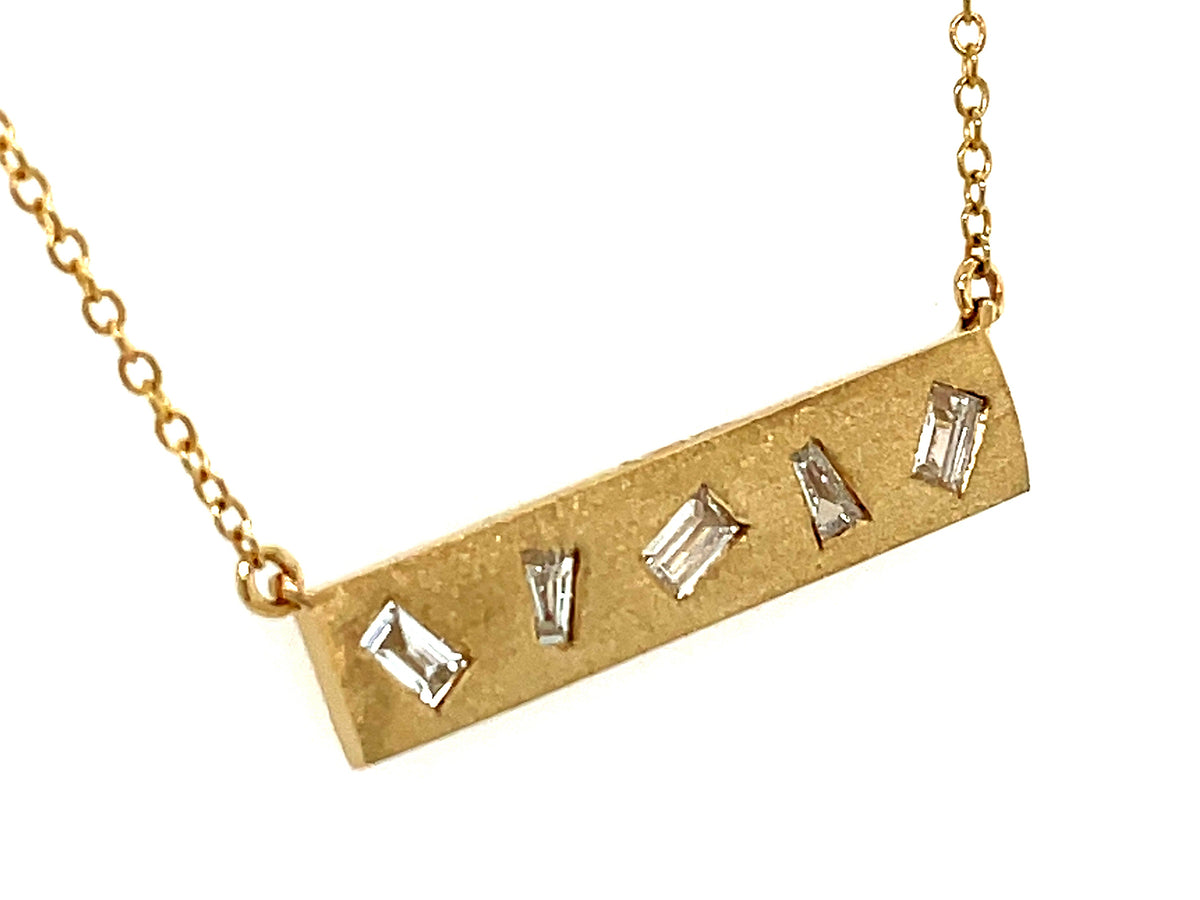 DIAMOND 5 BAGUETTE FLUSH SET BAR NECKLACE, SATIN FINISH, 18"/17"/16", 14KY (N)