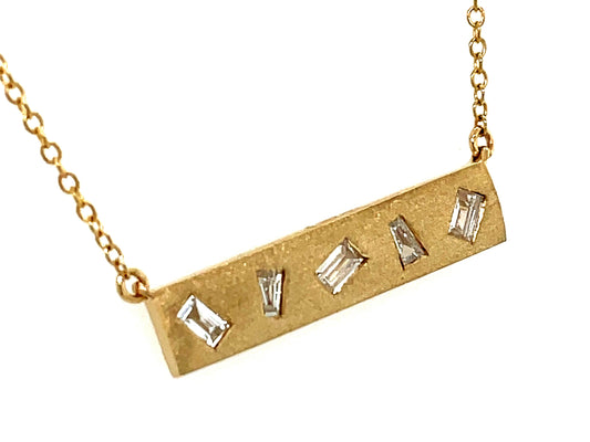DIAMOND 5 BAGUETTE FLUSH SET BAR NECKLACE, SATIN FINISH, 18"/17"/16", 14KY (N)