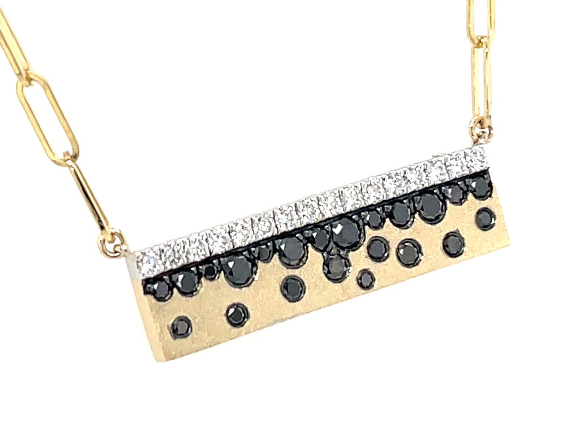 Black White Diamond Edge Confetti Bar Necklace, 25x7mm, 18" Paperclip Chain, Satin Finish