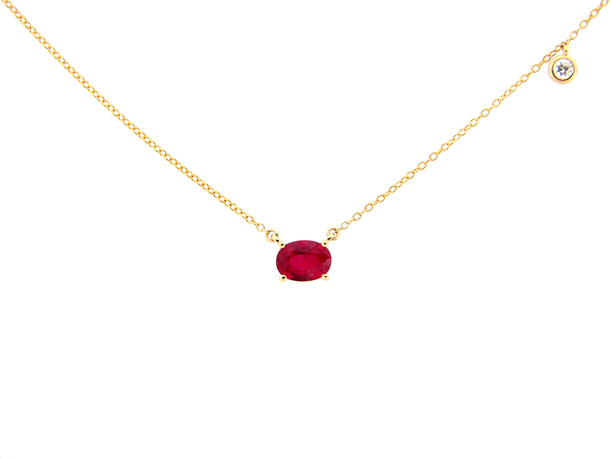 RUBY & DIAMOND OVAL PENDANT NECKLACE, 18"/17"/16", 14KY (H)