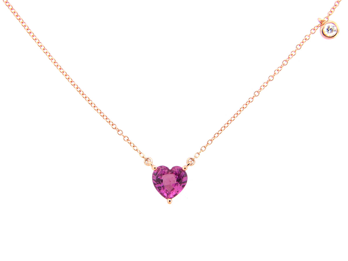 PINK SAPPHIRE & DIAMOND HEART PENDANT NECKLACE, 18"/17"/16", 14KR (H)