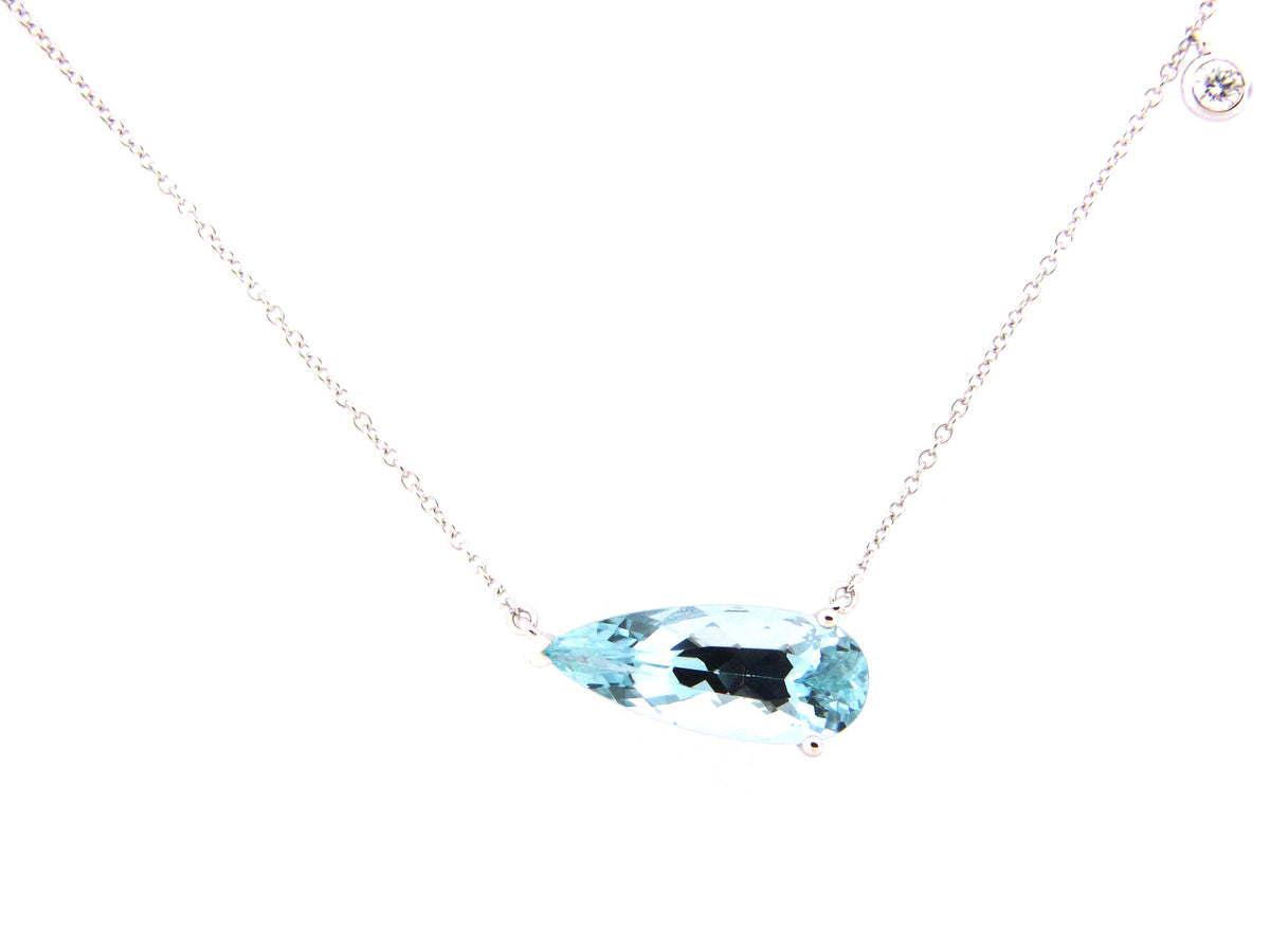 AQUAMARINE & DIAMOND PEAR PENDANT NECKLACE, 18'/17"/16", 14KW (H)