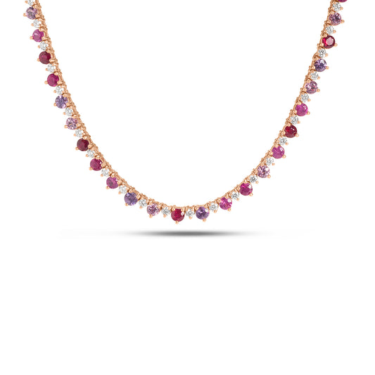 Pink-Purple Sapphire, Ruby & Diamond Alternating Tennis Necklace