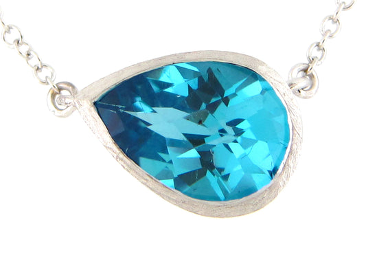 BLUE TOPAZ PENDANT NECKLACE, SATIN FINISH, 18"/17"/16",  14KW (R)