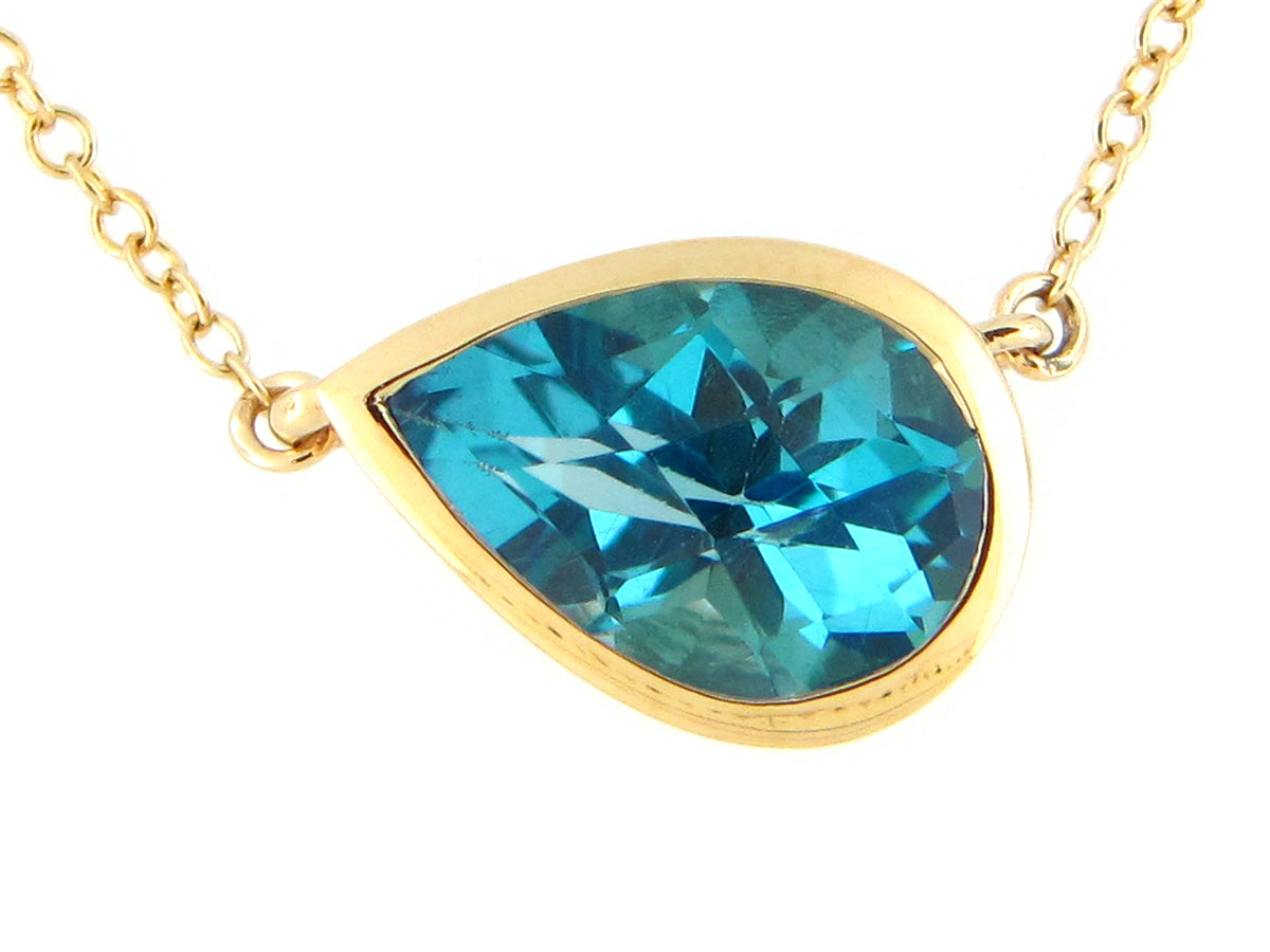 BLUE TOPAZ PENDANT NECKLACE, 18"/17"/16",  14KY (R)