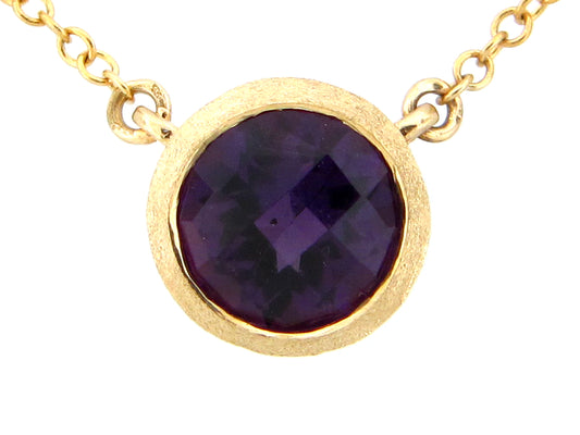 AMETHYST PENDANT ROUND BEZEL NECKLACE, 18"/17"/16", SATIN FINISH, 14KY (H)