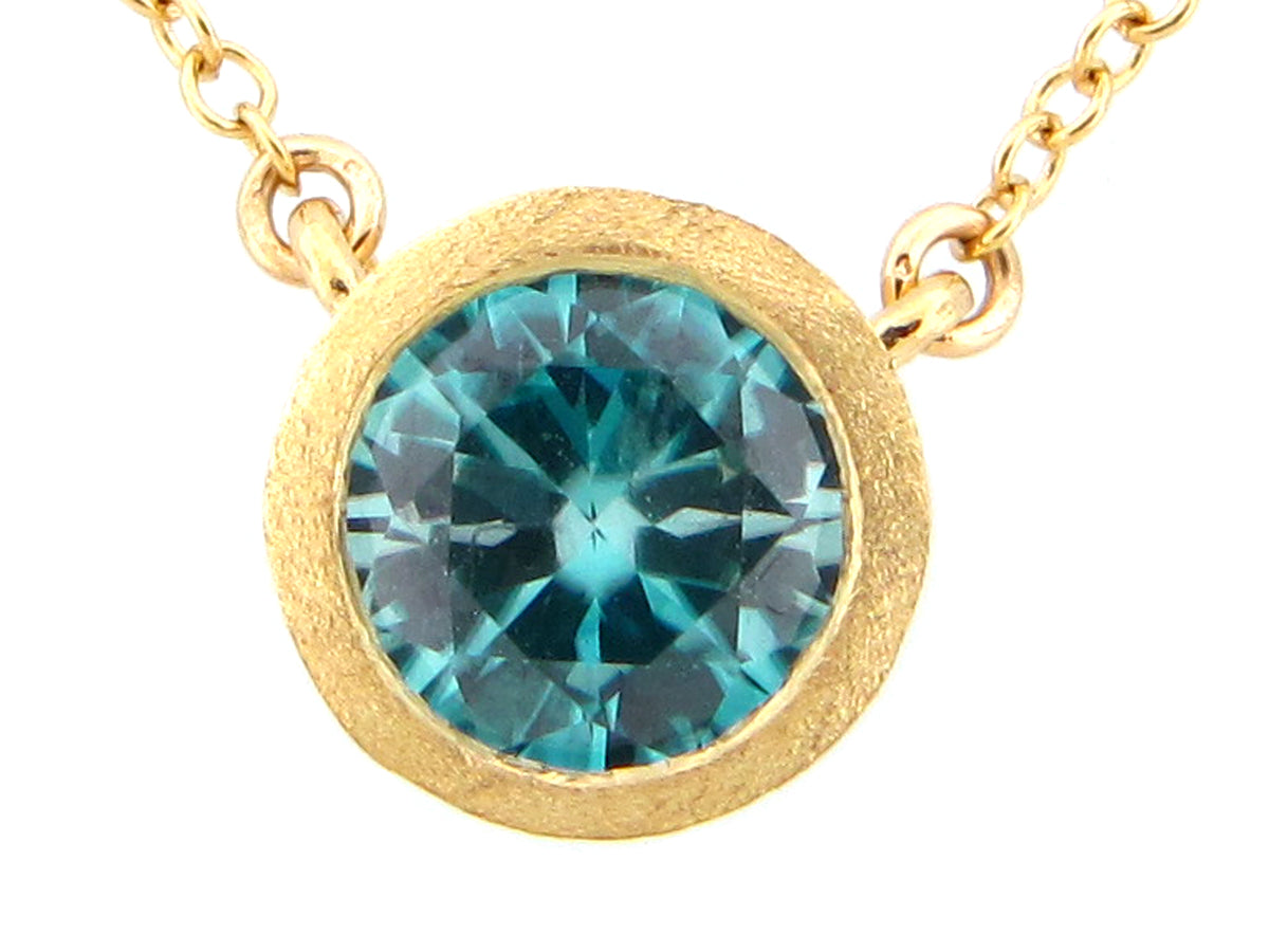 BLUE ZIRCON PENDANT ROUND BEZEL NECKLACE,  18"/17"/16",  SATIN FINISH, 18KY (H)