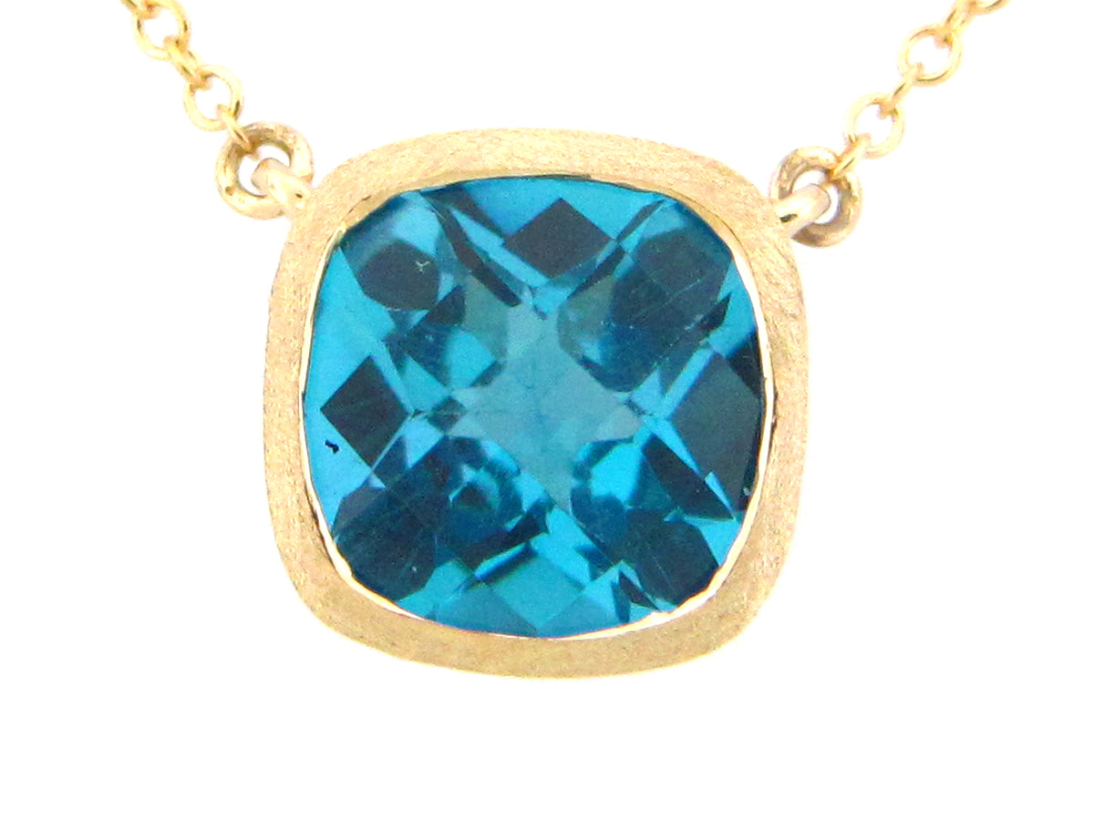 BLUE TOPAZ PENDANT NECKLACE, SATIN FINISH, 18"/17"/16", 14KY (R)