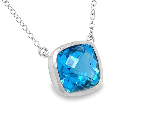 BLUE TOPAZ PENDANT NECKLACE, SATIN FINISH, 18"/17"/16", 14KW (R)
