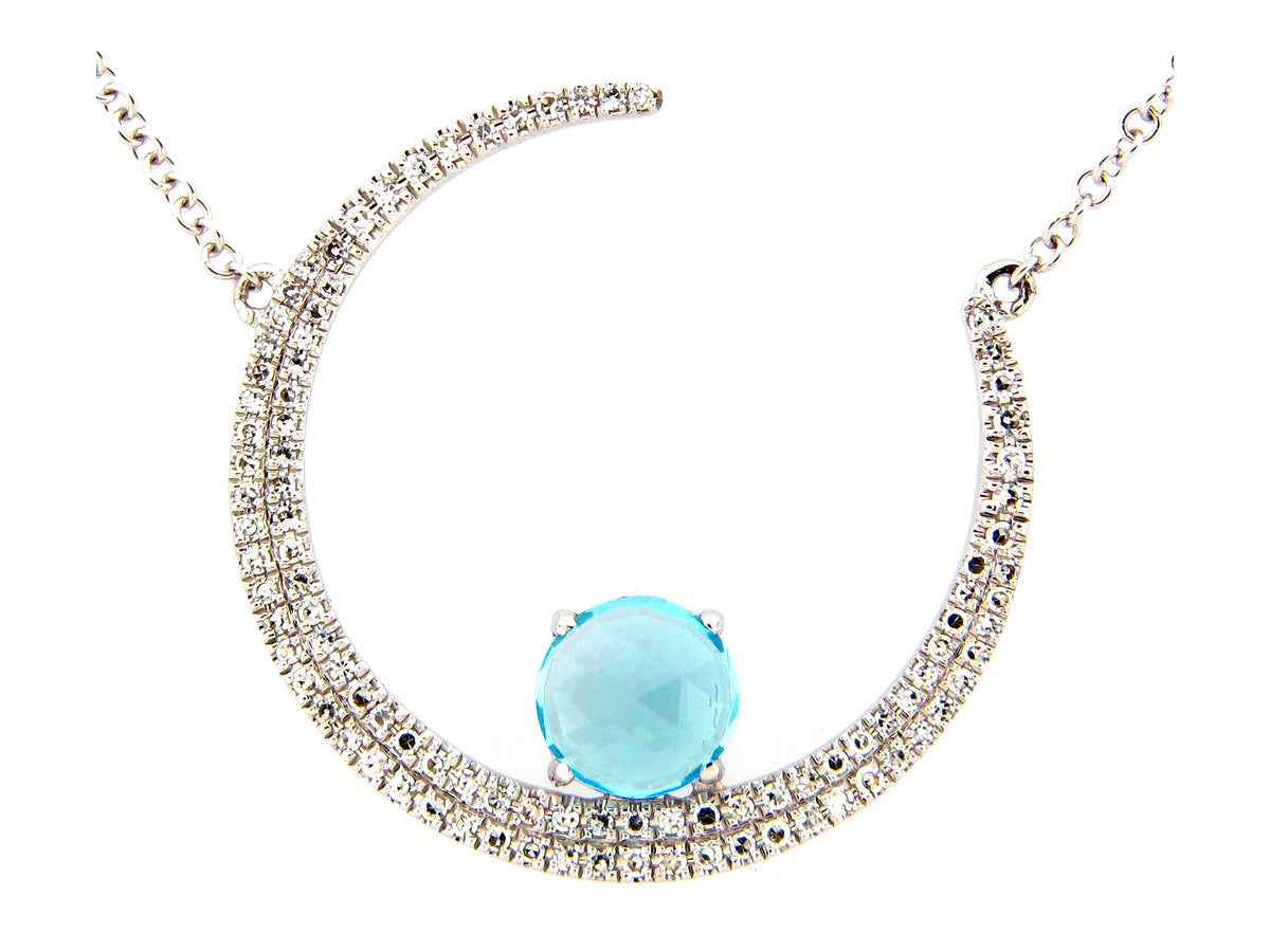 SWISS BLUE TOPAZ & DIAMOND CRESCENT MOON NECKLACE, 18"/17"/16", 14KW (R)