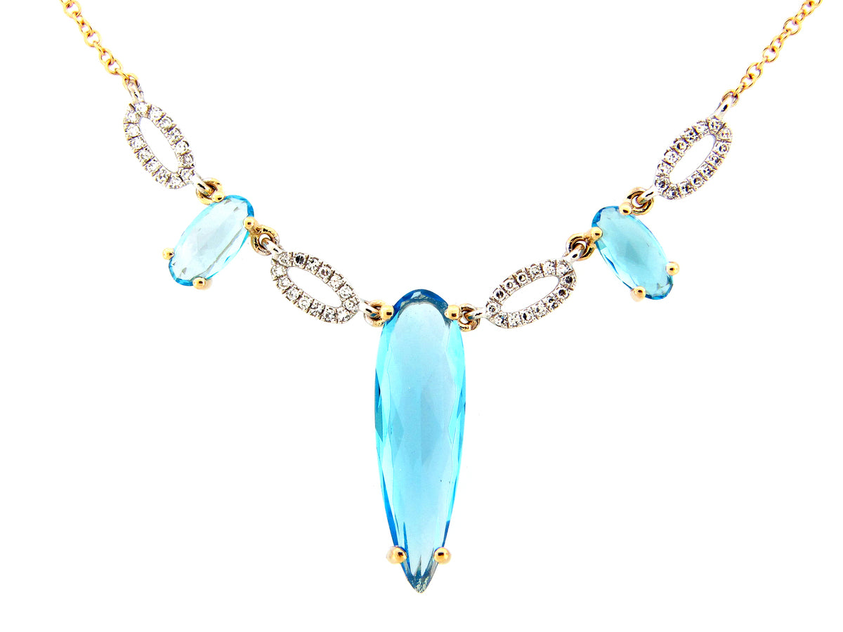 SWISS BLUE TOPAZ & DIAMOND 3 STONE PENDANT NECKLACE, 18"/17"/16", 14KWY (R)
