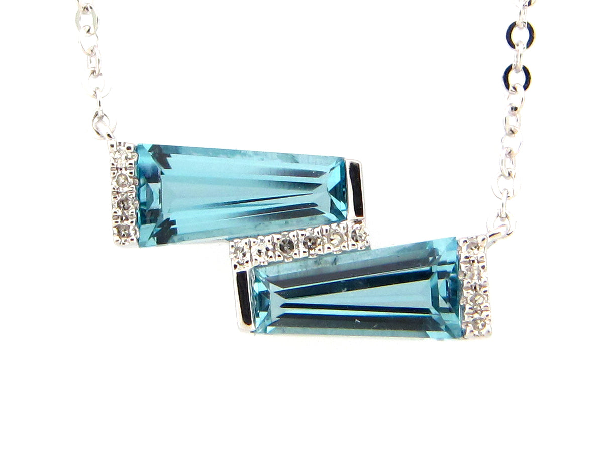 BLUE TOPAZ DOUBLE TRAPEZOID & DIAMOND NECKLACE, 18" BOLO CHAIN, 14KW (R)