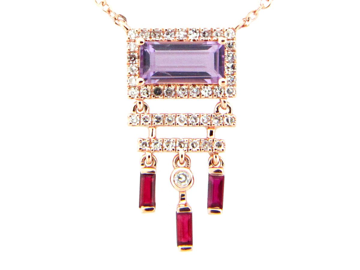 PINK AMETHYST, RUBY & DIAMOND ART DECO NECKLACE, 18" BOLO CHAIN, 14KR (H)