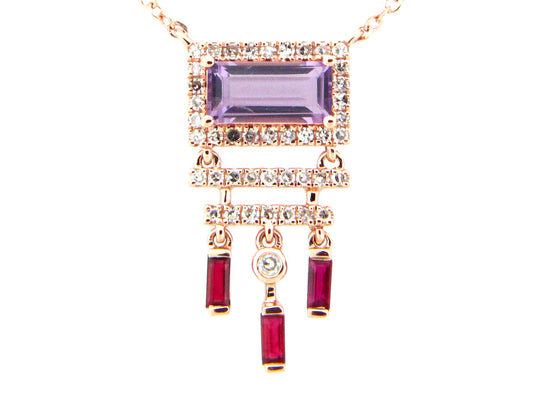 PINK AMETHYST, RUBY & DIAMOND ART DECO NECKLACE, 18" BOLO CHAIN, 14KR (H)