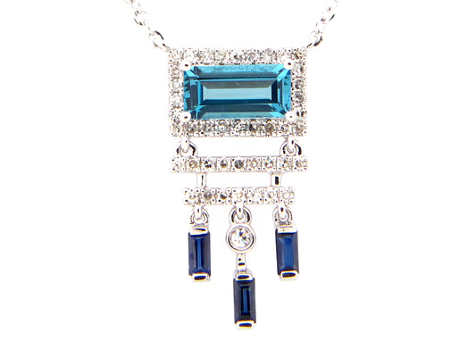 BLUE TOPAZ, SAPPH & DIAMOND ART DECO NECKLACE, 18" BOLO CHAIN, 14KW (R)