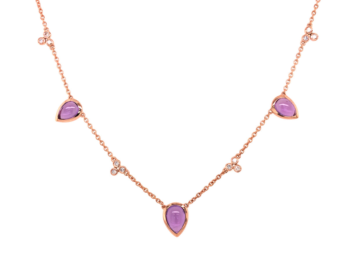 PURPLE AMETHYST 3 STONE & DIAMOND NECKLACE, 18"/17"/16"
