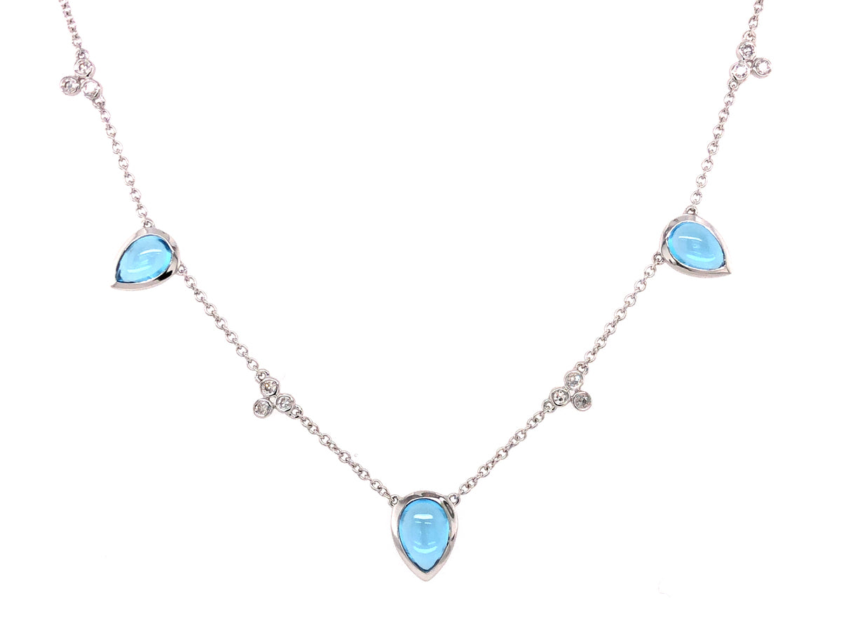 BLUE TOPAZ 3 STONE & DIAMOND NECKLACE, 18"/17"/16"