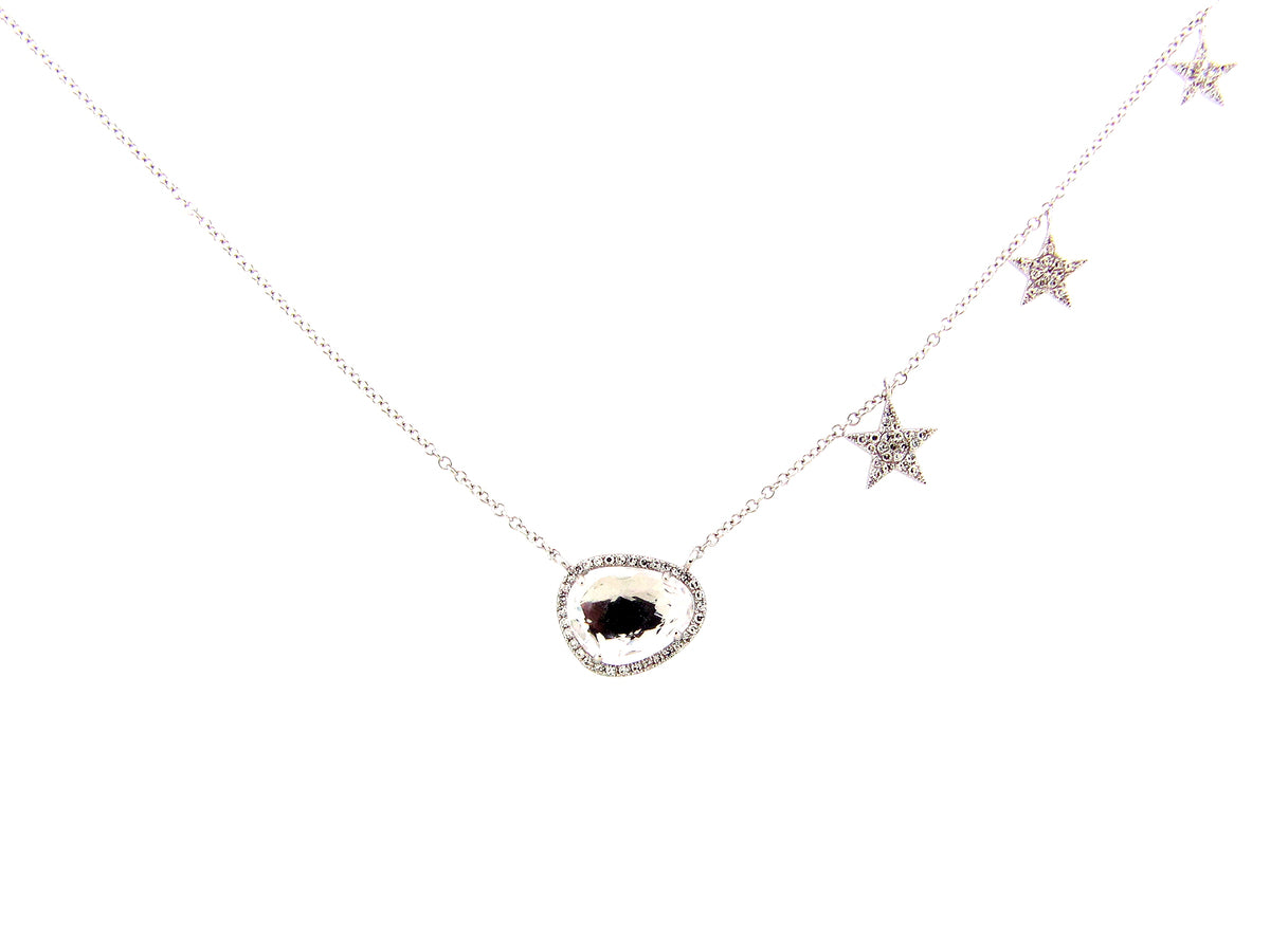 WHITE TOPAZ PENDANT & DIAMOND CHARM NECKLACE, 18"/17"/16", 14KW (H)