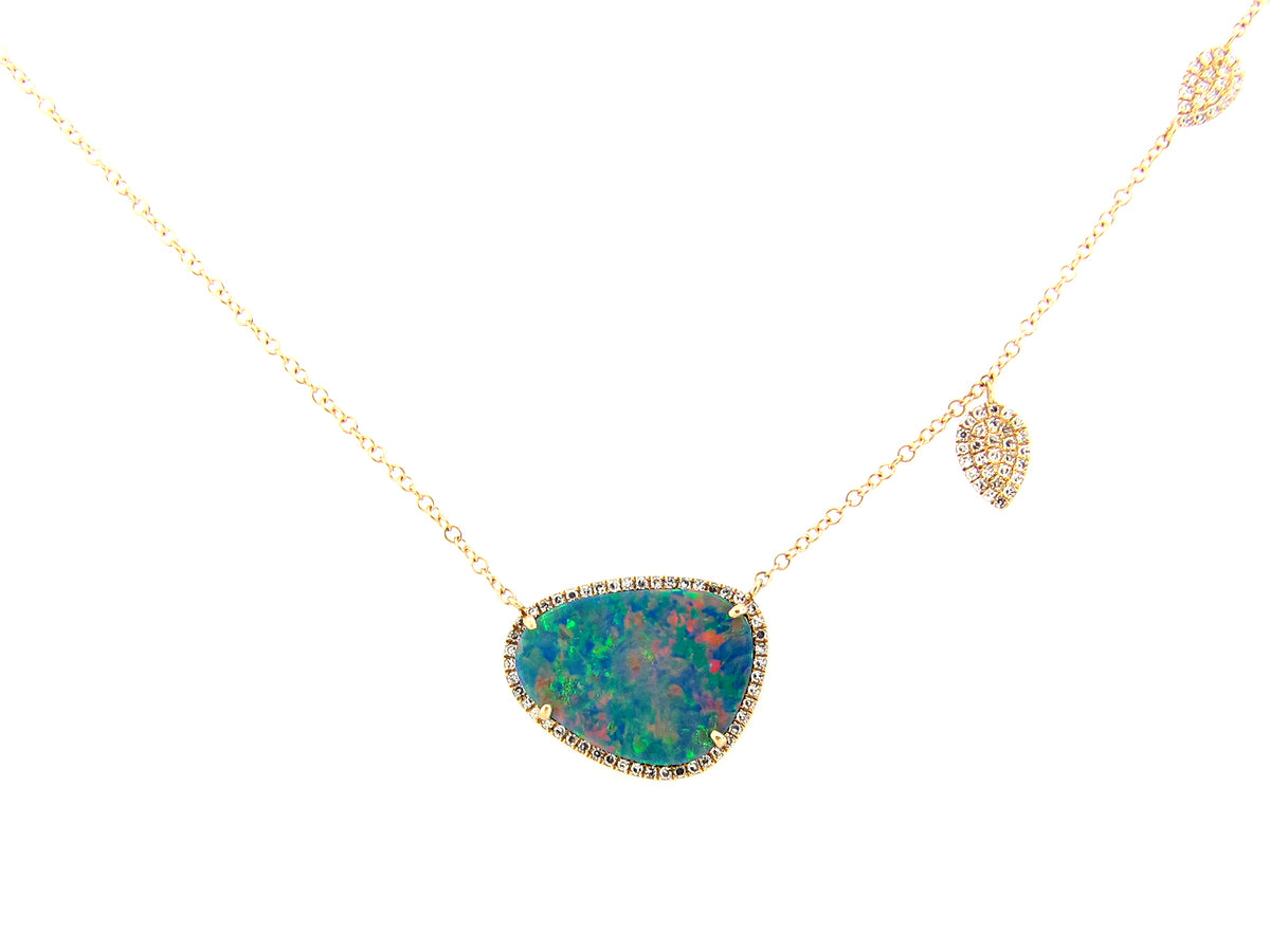 BLACK OPAL DOUBLET PENDANT & DIAMOND CHARM NECKLACE, 18"/17"/16", 14KY (ASBL)