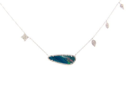 BLACK OPAL DOUBLET PENDANT & DIAMOND CHARM NECKLACE, 18"/17"/16", 14KW (ASBL)