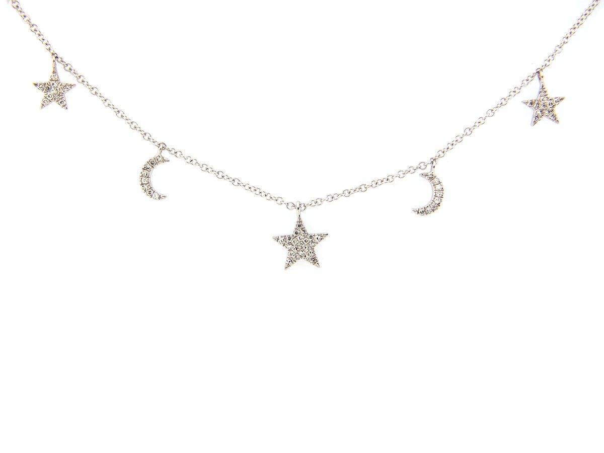 DIAMOND STARS & MOONS NECKLACE WITH 18" BOLO CHAIN