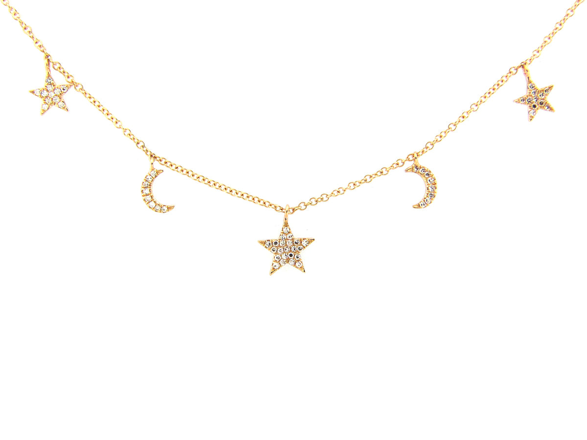 DIAMOND STARS & MOONS NECKLACE WITH 18" BOLO CHAIN