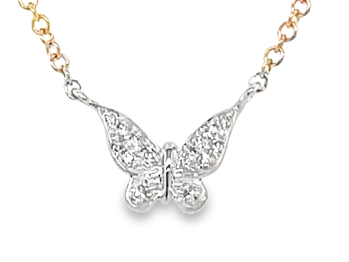 Diamond Butterfly Pendant Necklace, 18" Bolo Chain, 14kw, 14ky Chain (N)