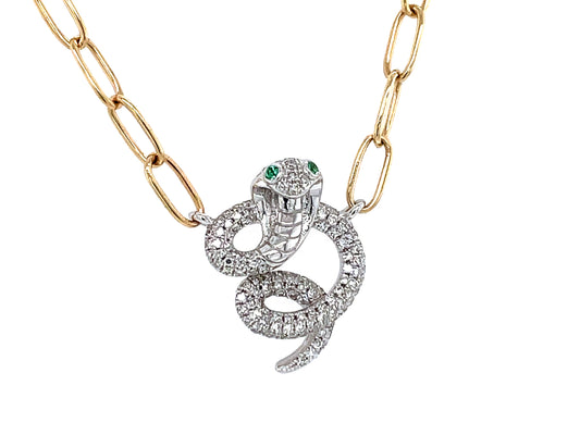 DIAMOND COBRA EMERALD EYES NECKLACE, 18" PAPERCLIP CHAIN