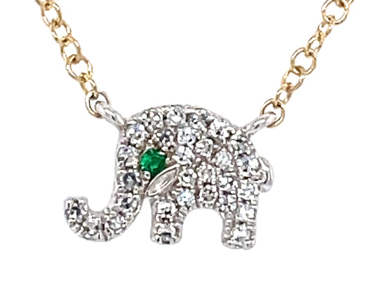 DIAMOND & EMERALD EYE ELEPHANT NECKLACE, 18"/17"/16",  14KWY (O)