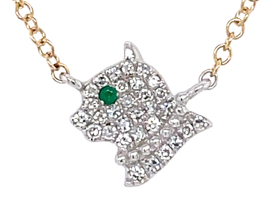 DIAMOND & EMERALD EYE CAT NECKLACE, 18"/17"/16", 14KWY (O)