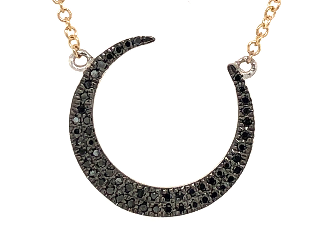 BLACK DIAMOND CRESCENT MOON PENDANT NECKLACE, 18' BOLO CHAIN, 14KWY (R)