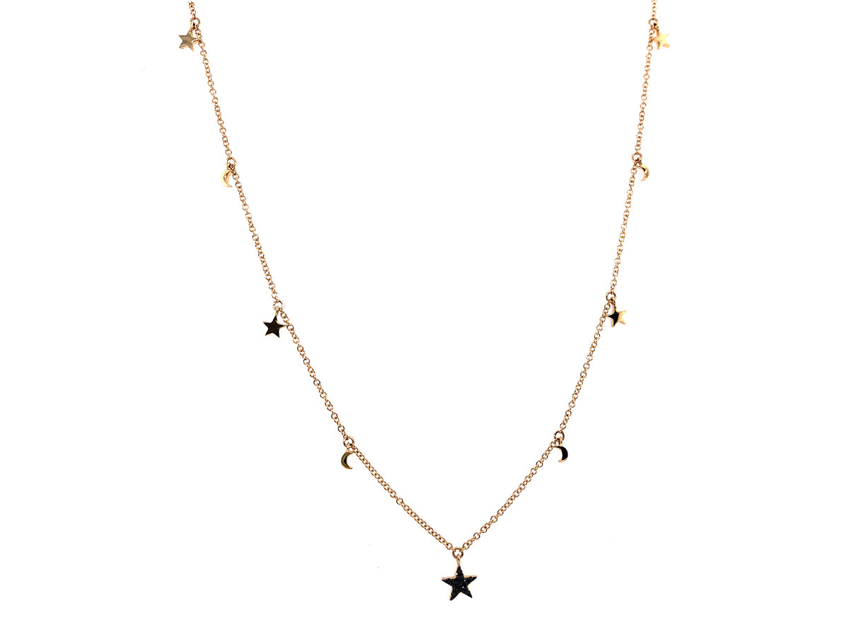 BLACK DIAMOND STAR AND MOON NECKLACE, 18" BOLO CHAIN, 14KYB (R)