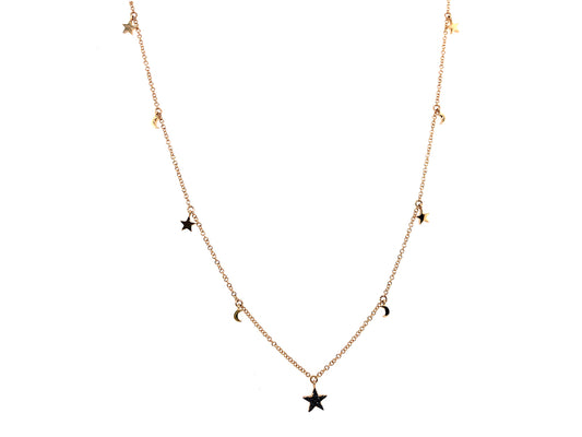 BLACK DIAMOND STAR AND MOON NECKLACE, 18" BOLO CHAIN, 14KYB (R)