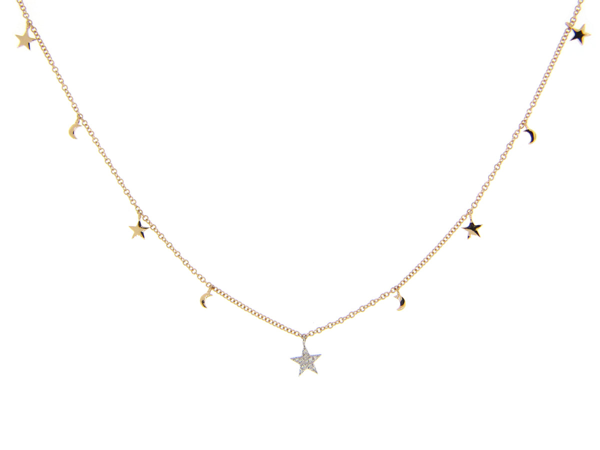 Diamond Pendant Star Moon Charm Necklace, 18" Bolo Chain, 14kwy (N)