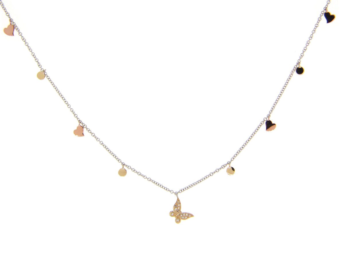 DIAMOND PENDANT BUTTERFLY & HEARTS CHARM NECKLACE, 18" BOLO CHAIN, 14KWYR (N)