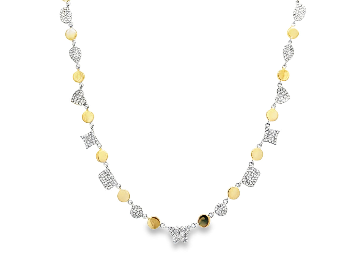 DIAMOND DISC ALTERNATING BUTTERFLY, HEART, OVAL, PEAR, CUSHION, GOLD NECKLACE, 18"/16"